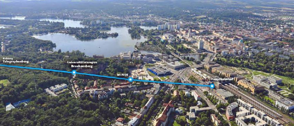Die Visualisierung des Büros Grüntuch Ernst Architekten zeigt die mögliche Seilbahnstrecke vom Potsdamer Hauptbahnhof zum Brauhausberg.