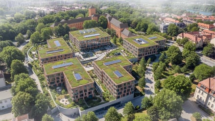 Collage Campus Brauhausberg mit Sockelgeschoss: © Gruentuch Ernst Architekten nach Masterplan von HPF/Hilmer Sattler Architekten     