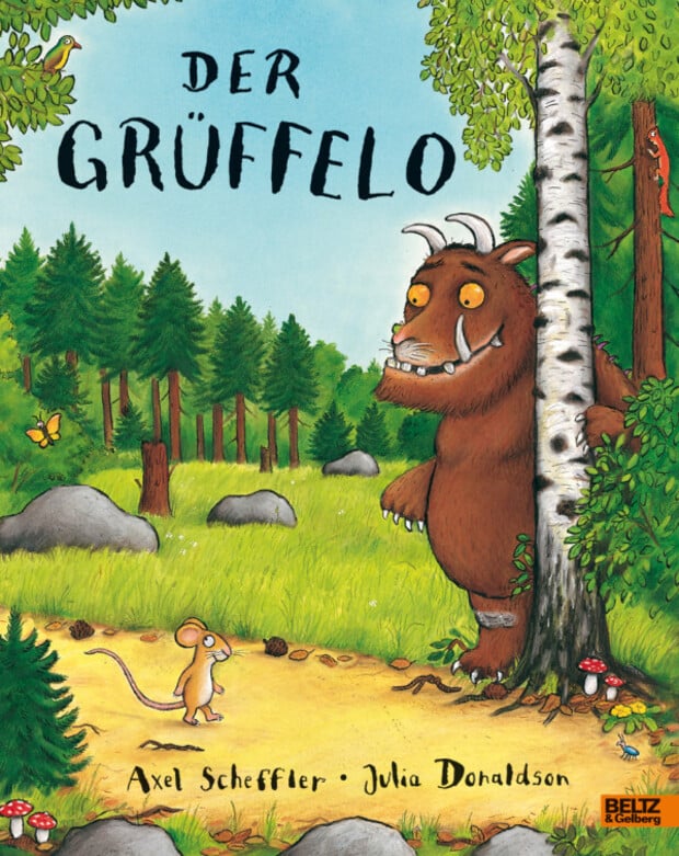 Titelbild des 1999 erschienenen Kinderbuchs „Der Grüffelo“, geschrieben von der britischen Schriftstellerin Julia Donaldson und illustriert von Axel Scheffler. 