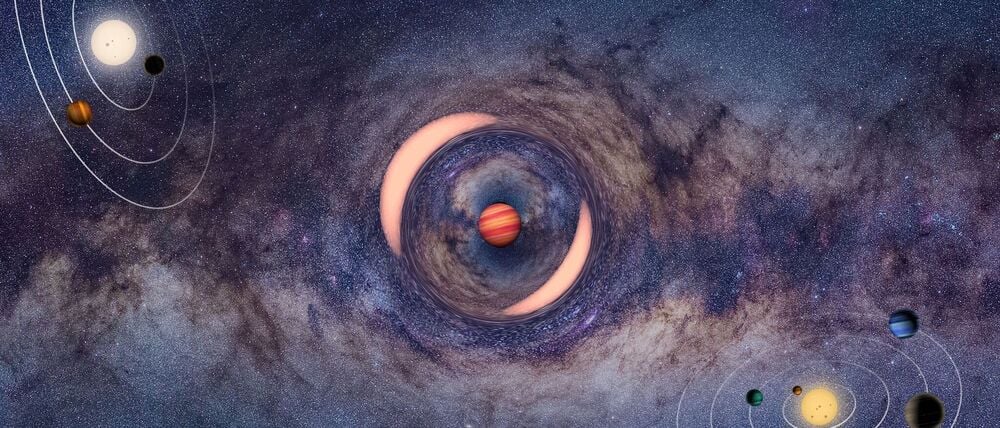 Die Illustration zeigt einen frei schwebenden Planeten, der das Licht eines dahinter liegenden Sterns ablenkt - ähnlich wie bei einem Brennglas.