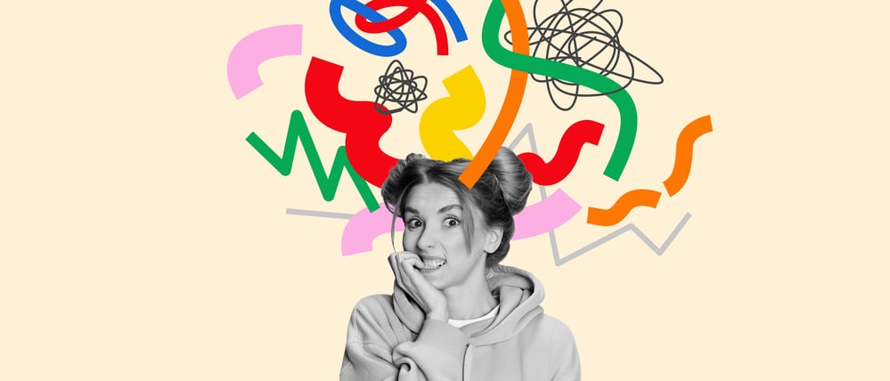 Illustration: Eine junge Frau, über ihrem Kopf ein Chaos aus bunten Linien.