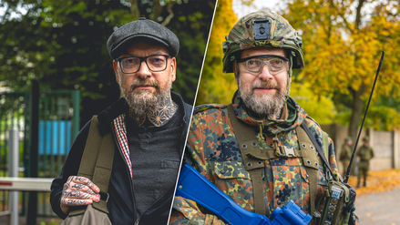 Michael links in Zivil und rechts in Uniform.