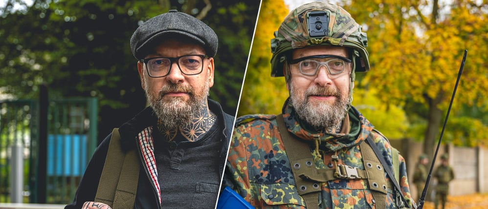 Michael links in Zivil und rechts in Uniform.