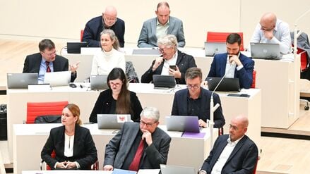 Die BSW-Fraktion sitzt mit den aus dem BSW ausgetretenen Abgeordneten vor der Abstimmung zu zwei Medienstaatsverträgen im Saal. (Archiv)