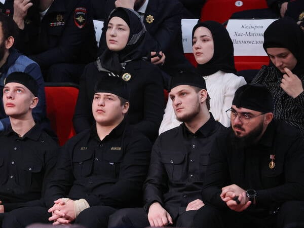 RUSSIA, GROZNY - MARCH 23, 2023: Chechen Republic Head Ramzan Kadyrov s sons Eli, Adam, Akhmat L-R and daughters Khutmat, Tabarik, Aishat Kadyrova L-R, culture minister of the Chechen Republic, attend a kick-off congress of the People of the Chechen Republic marking 20 years since adopting the republic s constitution, at the Kolizei sports hall. Yelena Afonina/TASS PUBLICATIONxINxGERxAUTxONLY 58025932