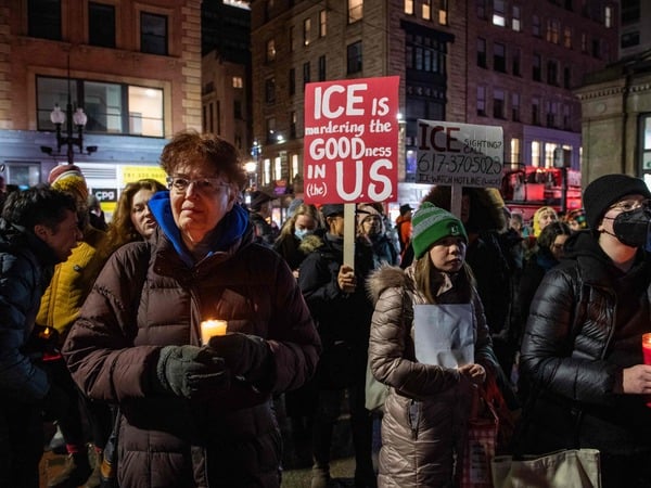 Demonstrators protest the killing of Renee Nicole Good in Boston, Massachusetts, on January 8, 2026. A US immigration officer shot and killed Good, a US citizen, on the streets of Minneapolis January 7, leading to huge protests and outrage from local leaders who rejected White House claims she was a domestic terrorist. 37-year-old Renee Nicole Good was hit at point blank range as she apparently tried to drive away from agents who were crowding around her car, which they said was blocking their way. (Photo by Joseph Prezioso / AFP)