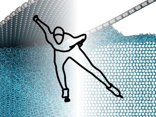 BU: Die Illustration verdeutlicht, was an der Eisoberfläche passiert, wenn ein weiterer Körper, seien es Skier, Schlittschuhe oder Schuhsohlen, mit ihr in Berührung kommt: Die zuvor geordnete Kristallstruktur der Wassermoleküle gerät schlagartig in Unordnung um.
Foto: AG Müser, Univ. d. Saarlandes