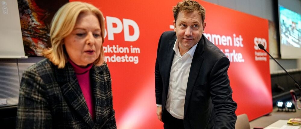Lars Klingbeil (SPD), Bundesminister der Finanzen, Vizekanzler und SPD-Bundesvorsitzender, und Bärbel Bas (SPD), Bundesministerin für Arbeit und Soziales und SPD-Parteivorsitzende, während der Jahresauftaktklausur der SPD-Bundestagsfraktion.