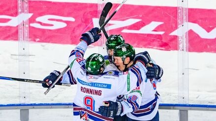 Nach einem harten Kampf bejubeln die Eisbären den Siegtreffer.