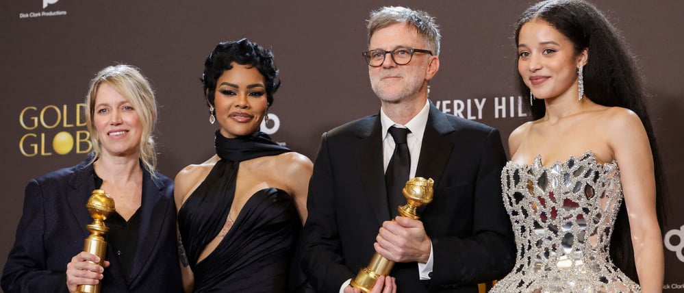 Sara Murphy, Teyana Taylor, Paul Thomas Anderson and Chase Infiniti pose with the Best Motion Picture - Musical or Comedy award for "One Battle After Another" at the 83rd Annual Golden Globes in Beverly Hills, California, U.S., January 11, 2026. REUTERS/Mario Anzuoni