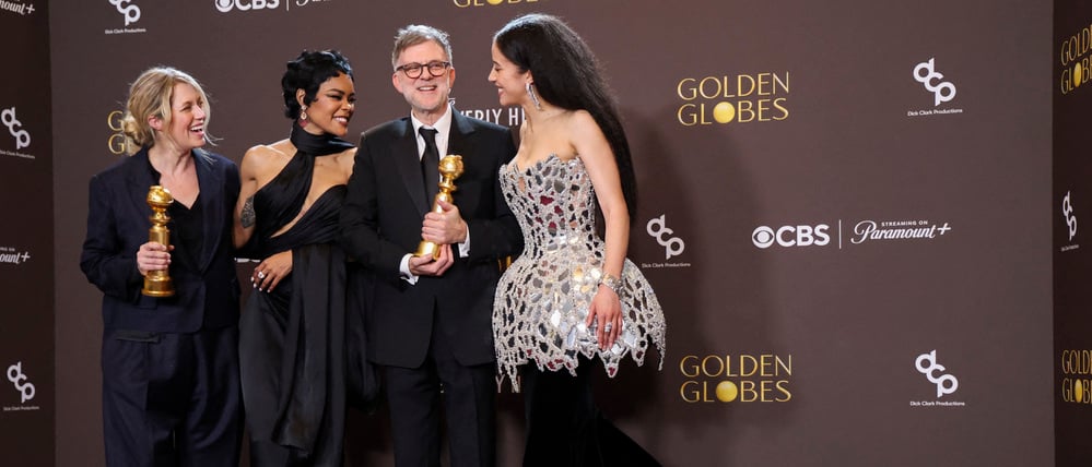 Sara Murphy, Teyana Taylor, Paul Thomas Anderson and Chase Infiniti pose with the Best Motion Picture - Musical or Comedy award for "One Battle After Another" at the 83rd Annual Golden Globes in Beverly Hills, California, U.S., January 11, 2026. REUTERS/Mario Anzuoni