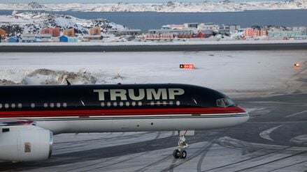 (FILES) An aircraft carrying US businessman Donald Trump Jr. arrives in Nuuk, Greenland on January 7, 2025. US President Donald Trump is discussing options including military action to take control of Greenland, the White House said on January 6, 2026, upping tensions that Denmark warns could destroy the NATO alliance. Trump has stepped up his designs on the mineral-rich, self-governing Danish territory in the arctic since the US military seized Venezuelan leader Nicolas Maduro last weekend. (Photo by Emil Stach / Ritzau Scanpix / AFP) / Denmark OUT