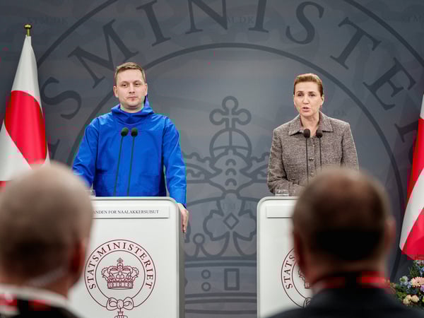 Chairman of the Naalakkersuisut, Greenland's Prime Minister, Jens-Frederik Nielsen and Denmark's Prime Minister Mette Frederiksen give a statement on the current situation at a press conference in the Hall of Mirrors at the Prime Minister's Office in Copenhagen, Denmark January 13, 2026. Liselotte Sabroe/ Ritzau Scanpix/via REUTERS    ATTENTION EDITORS - THIS IMAGE WAS PROVIDED BY A THIRD PARTY. DENMARK OUT. NO COMMERCIAL OR EDITORIAL SALES IN DENMARK.