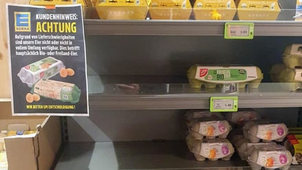In einer Edeka-Filiale in Berlin sind nur noch wenige Eierkartons verfügbar. Ein Zettel informiert über „Lieferschwierigkeiten“.