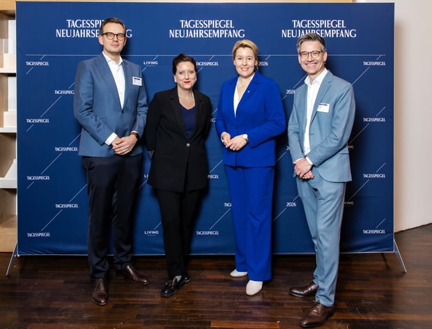 Geschäftsführer Tagesspiegel Nicolas Löhn, stellvertretende Chefredakteurin Anke Myrrhe, Wirtschaftssenatorin Franziska Giffey, Chefredakteur Christian Tretbar,  