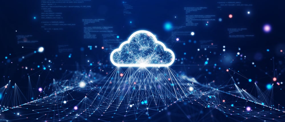 Cloud and edge computing technology data transfer concept. A large cloud icon is in the center. abstract code Interconnected polygons and multicolored dots on a dark blue background.