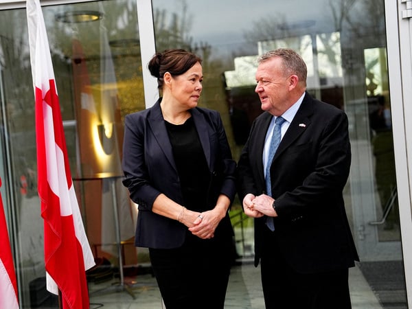 Denmark's Foreign Minister Lars Loekke Rasmussen and Greenland's Foreign Minister Vivian Motzfeldt prepare at the danish embassy for a meeting with the U.S. Vice President J.D. Vance and Secretary of State Marco Rubio that will take place at the White House, in Washington D.C., U.S., January 14, 2026. Ritzau Scanpix/Mads Claus Rasmussen via REUTERS    ATTENTION EDITORS - THIS IMAGE WAS PROVIDED BY A THIRD PARTY. DENMARK OUT. NO COMMERCIAL OR EDITORIAL SALES IN DENMARK.

REFILE - CORRECTING TITLE FROM "FOREIGN MINISTER MARCO RUBIO" TO "SECRETARY OF STATE". 