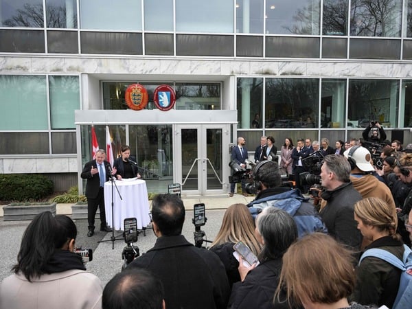 (L/R) Danish Foreign Minister Lars Løkke Rasmussen and Greenland's Foreign Minister Vivian Motzfeldt speak during a news conference at the Danish Embassy in Washington, DC, on January 14, 2026. Denmark and Greenland's top diplomats held high-stakes talks at the White House on Wednesday, with President Donald Trump warning it was "vital" for the United States to take control of the Arctic island. (Photo by Oliver Contreras / AFP)