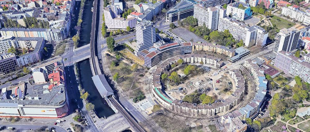 Das Gebiet um den Mehringplatz aus der Luft.