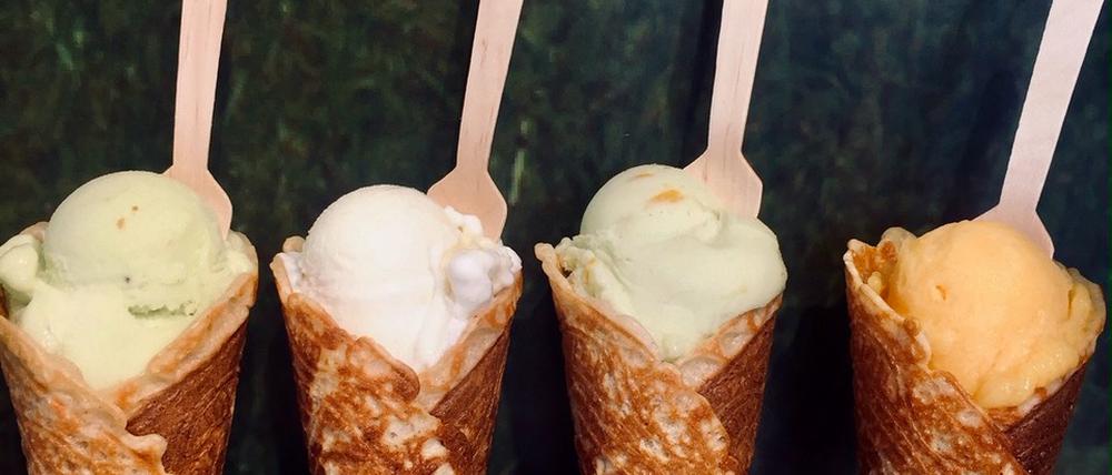 Ausgefallen: Die Sorten Aperol/Blutorange, frische Kiwi, Ziegenkäse/Feige/Walnuss und Avocado/Physalis (v.r.n.l.) gibt es bei Yeay Ice Cream.