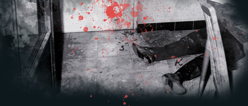 Gestaltung: Tagesspiegel/ Schuber, Foto: mauritius images / Alamy / Collection Philippe Clement
Twentieth century black and white forensic photo of crime scene showing blood stains and corpse of murdered man lying on the ground inside house