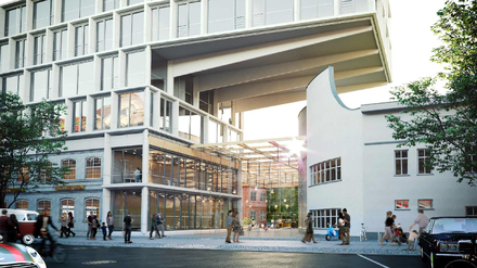 Alt und neu. Das historische Kino (r.) mit einem möglichen Bürobau und Atrium von der Gleimstraße gesehen. Einer von mehreren Values-Entwürfen, der aber laut Values-Geschäftsführer Bischoff „nicht final“ ist.