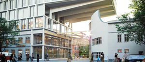 Alt und neu. Das historische Kino Colosseum (r.) mit einem möglichen Bürobau und Atrium von der Gleimstraße gesehen.