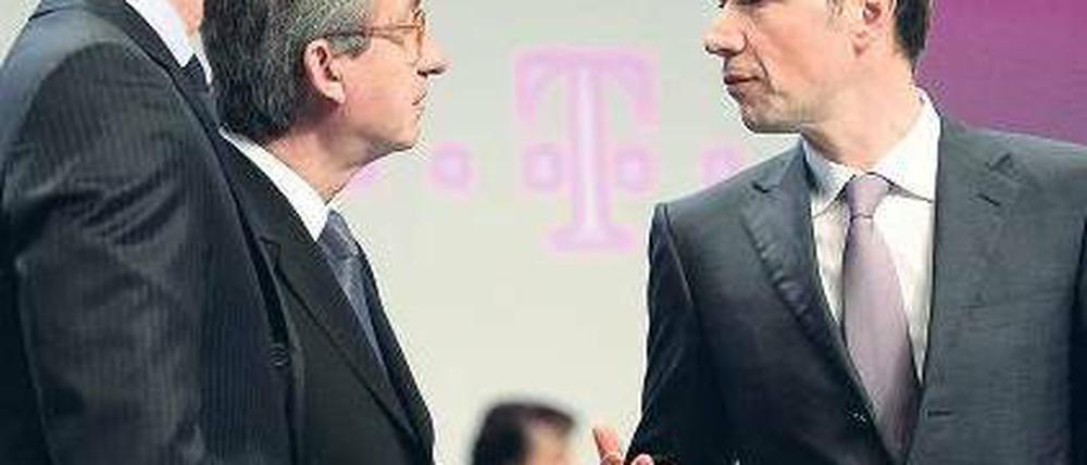 Das Teletrio. Finanzvorstand Timotheus Höttges, Aufsichtsratsvorsitzender Ulrich Lehner und Telekom-Chef Rene Obermann (von links).