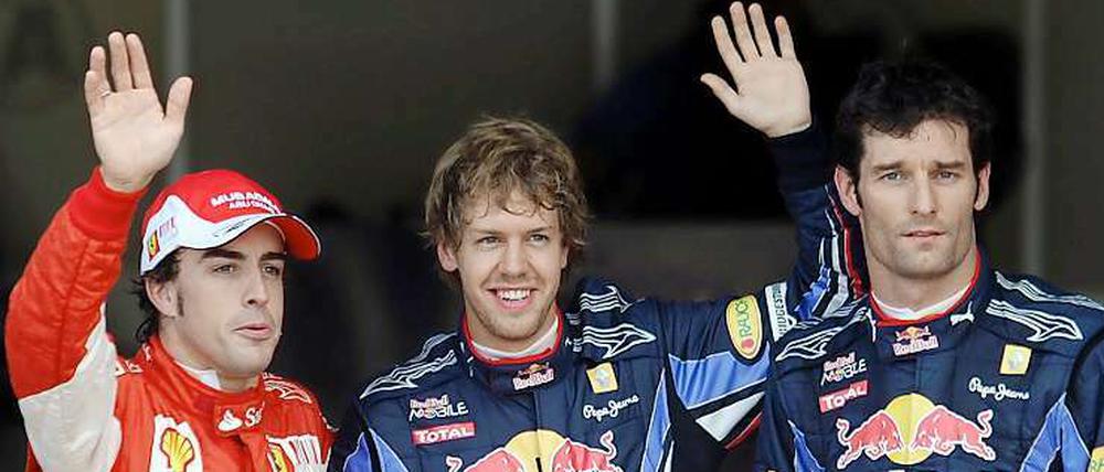 Alonso, Vettel, Webber (v. l.) winken - und kein Engländer in Sicht.