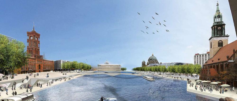 Berlin wird bis an den Rand des Rathaus-Forums verdichtet. Deshalb müsse sich die Stadt den Luxus einer großen, urbanen Fläche gönnen, sagt Lars Krückenberg von der Architektengruppe Graft. Er will das Wasser bis ans "Marienviertel" heranschwappen lassen. 