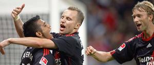 Kaum dabei, schon gewonnen. Leverkusen gewinnt dank des späten Treffers von Vidal (l.) Rolfes (r.) war auch wieder mit dabei und freut sich mit dem Toschützen und Kadlec (Mitte).