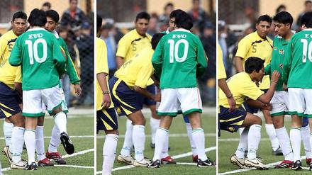 Fairplay geht anders: Boliviens Präsident Morales tritt einen Gegner beim Fußballspiel.