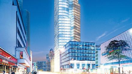 Gläserner Zwilling. So sieht der überarbeitete Entwurf des Architekten Christoph Langhof für das Hochhaus aus. Diese Simulation zeigt den Blick aus der Kantstraße in Richtung Breitscheidplatz; links hinten ist das Zoofenster zu sehen. 