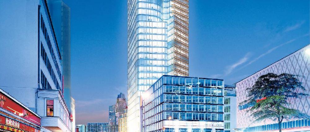 Gläserner Zwilling. So sieht der überarbeitete Entwurf des Architekten Christoph Langhof für das Hochhaus aus. Diese Simulation zeigt den Blick aus der Kantstraße in Richtung Breitscheidplatz; links hinten ist das Zoofenster zu sehen. 