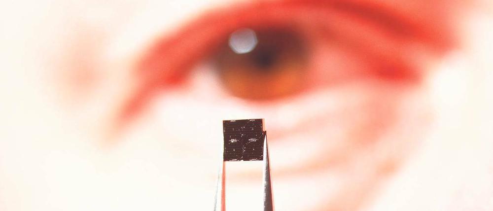 Simuliertes Sehen. Der Netzhautchip der Firma Retina Implant (Foto oben und Grafik) „fängt“ das Licht wie intakte Sinneszellen ein und wandelt es in elektrische Signale um. Die werden über Nervenzellen an das Gehirn weitergegeben. Foto: Visum