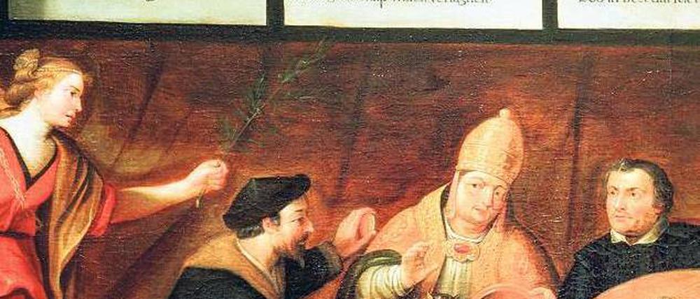 Und Friede den Menschen. Der Engel mahnt Calvin, den Papst und Luther. Anonymes Gemälde aus dem Utrechter Museum Catharijneconvent (nach 1600). Foto: akg-images