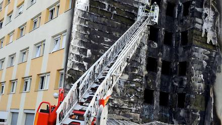 Feuerwehrleute am ausgebrannten Wohnheim in Dijon.