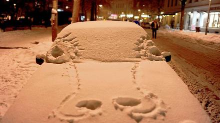 Schneedino im Autoformat.