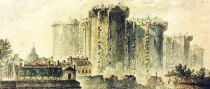Aufruhr und Gewalt. Revolutionäre stürmen 1789 die Bastille. Aquarell von Jean- Pierre Houel.