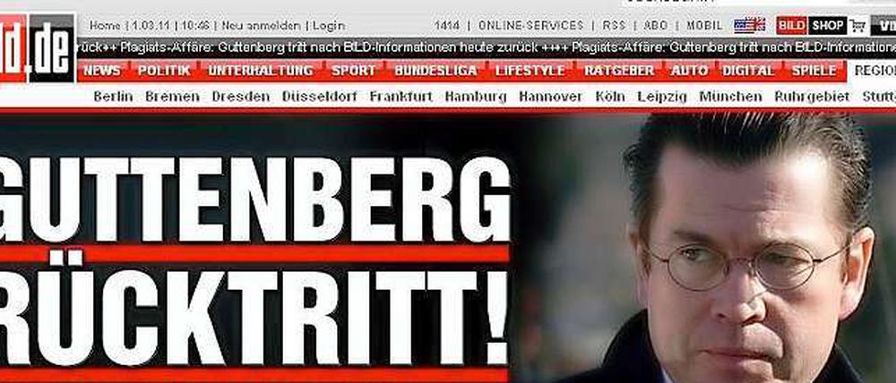 Carmen Nebels Liebes-Aus und Bohlens neue Chance für Sarah verdrängt: So meldete Bild.de den Guttenberg-Rücktritt.