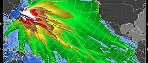 Das Bild der für Seismographie zuständigen US-Behörde zeigt die vermutete Ausdehnung des Tsunami im Pazifik sowie den jeweiligen Scheitel der Flutwelle - grün heißt bis zu einem Viertelmeter, weiß-violett über einen Meter.