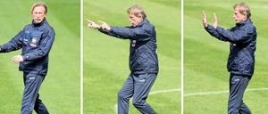 Vor und zurück, aber hoffentlich nicht runter. Eintracht Frankfurts Trainer Christoph Daum dehnt sich für den Klassenerhalt.