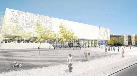 Am Messedamm. Wo bis Herbst noch die Deutschlandhalle steht und sich ein Parkplatz befindet, soll dieses Gebäude samt Vorplatz entstehen. 