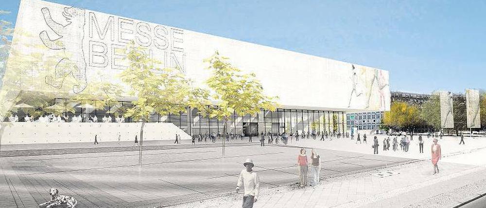 Am Messedamm. Wo bis Herbst noch die Deutschlandhalle steht und sich ein Parkplatz befindet, soll dieses Gebäude samt Vorplatz entstehen. 