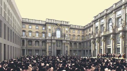 Treffpunkt Schlüterhof. Nur drei der vier Fassaden der beiden „Innenhöfe“ des Schlosses sind ihrem historischen Vorbild nachempfunden – die vierte (links im Bild) wird modernistisch gestaltet. Die Pläne stammen von Franco Stella, der die Uffizien in Florenz als Vorbild für den hier abgebildeten Schlüterhof nennt.