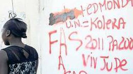 „UN = Cholera“. Die Epidemie hat die Blauhelme in Haiti in Verruf gebracht. Foto: AFP