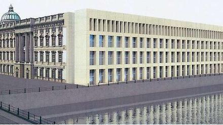 Die Kehrseite. Das Schloss von Südosten aus betrachtet. Architekt Franco Stella hat die zur Spree gerichtete Front entworfen. Die Fassade wird nicht aus Sandstein, sondern aus Architekturbeton gebaut. Der Werkstoff kam auch bei den Dorotheenblöcken im Regierungsviertel sowie beim Neubau des Umweltministeriums zum Einsatz.