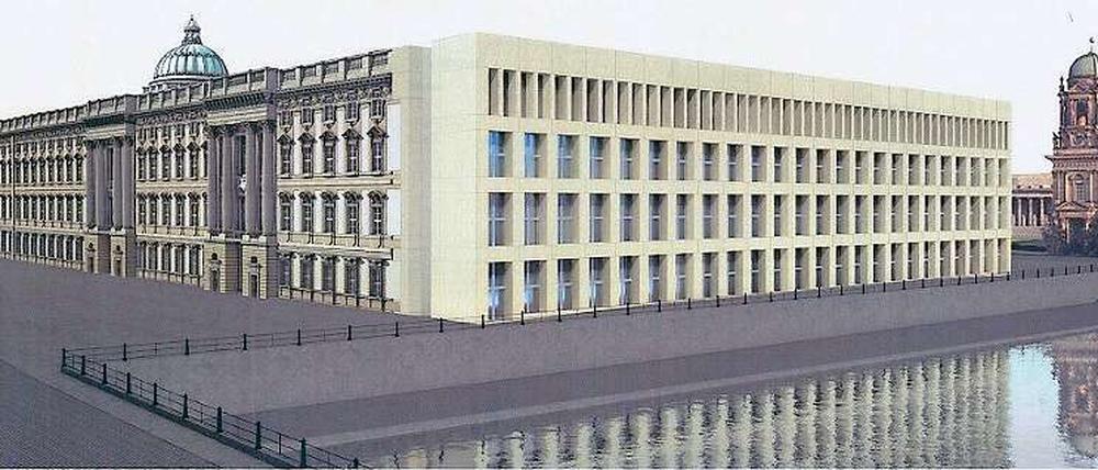 Die Kehrseite. Das Schloss von Südosten aus betrachtet. Architekt Franco Stella hat die zur Spree gerichtete Front entworfen. Die Fassade wird nicht aus Sandstein, sondern aus Architekturbeton gebaut. Der Werkstoff kam auch bei den Dorotheenblöcken im Regierungsviertel sowie beim Neubau des Umweltministeriums zum Einsatz.