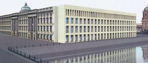 Die Kehrseite. Das Schloss von Südosten aus betrachtet. Architekt Franco Stella hat die zur Spree gerichtete Front entworfen. Die Fassade wird nicht aus Sandstein, sondern aus Architekturbeton gebaut. Der Werkstoff kam auch bei den Dorotheenblöcken im Regierungsviertel sowie beim Neubau des Umweltministeriums zum Einsatz.