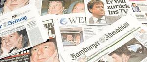 Die fiesen Medien. Titelseiten von Zeitungen am Tag nach dem Freispruch. Kachelmann klagt die Boulevardpresse an. 